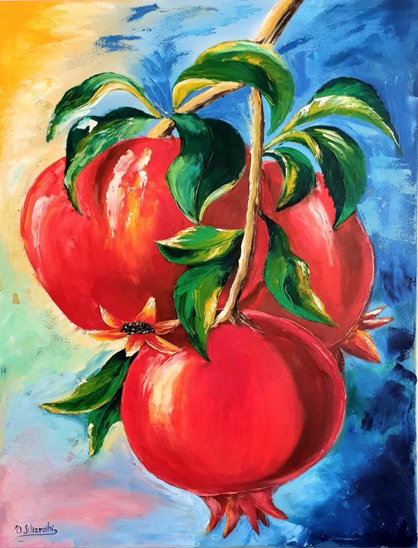 Авторская оригинальная Картина маслом 60×80 "Спелые гранаты на ветке"