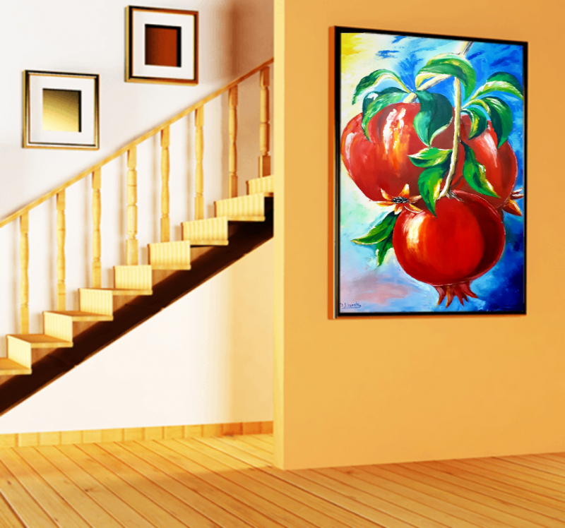 Авторская оригинальная Картина маслом 60×80 "Спелые гранаты на ветке"