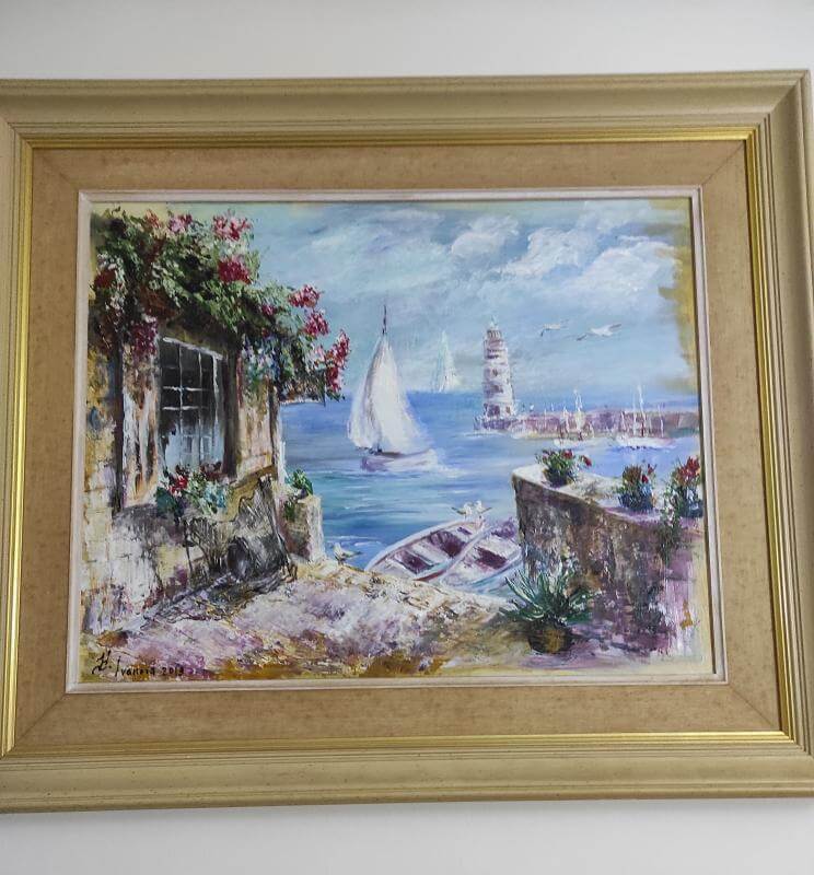 Картина маслом. Морской пейзаж. Домик рыбака. Лодки, маяк, домик.